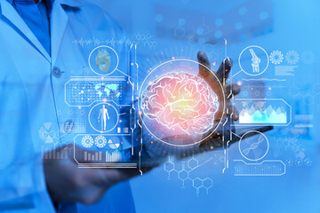 Health worker supports the brain and intellect against. Doctor showing human brain on blue background.