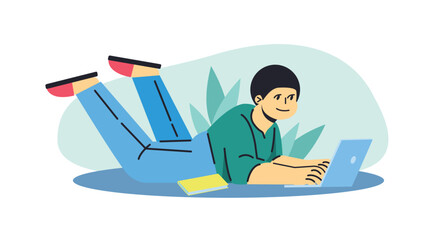 Student lying on floor and studying online. Young male working from home, doing homework. Online distance learning in college concept. Flat vector illustration in blue colors