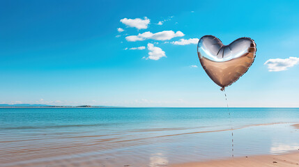 Fototapeta na wymiar Vintage heart balloon on beach blue sky concept of love in summer and wedding honeymoon. Generative Ai