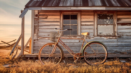 vintage bicycle on vintage wooden house wall. Generative Ai
