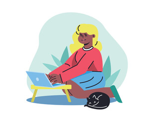 American lady sitting on floor, typing text on laptop. Work with pets at home. Successfully time management for freelancers. Flat vector illustration in blue and pink colors