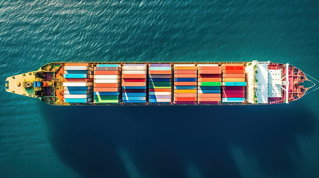 Aerial top view container cargo ship in import export business commercial trade logistic and transportation of international by container cargo ship in the open sea. Generative Ai