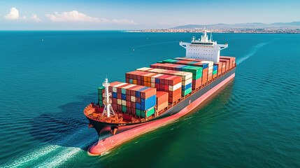 Aerial top view container cargo ship in import export business commercial trade logistic and transportation of international by container cargo ship in the open sea. Generative Ai