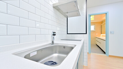 Bright and cheerful interior with white and sky blue colors