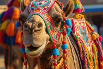 Fototapeta na wymiar Beautiful decorated camel smiling. Generative AI