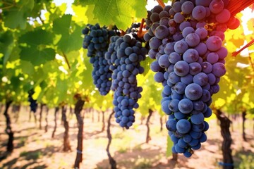 Naklejka premium Grapes hanging from lush green vine at vineyard. Generative AI