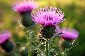 Milk thistle flower close up. Generative AI