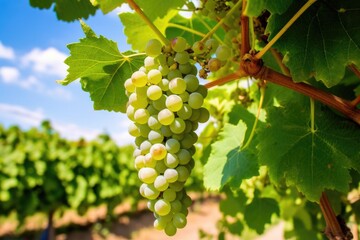 Grapes hanging from lush green vine at vineyard. Generative AI