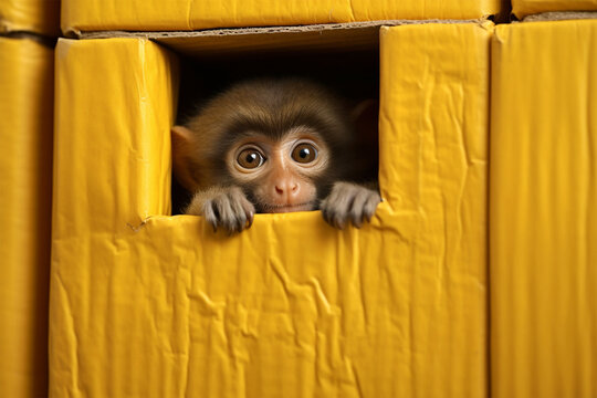 a monkey hiding in a yellow box