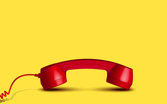 3d red vintage telephone handset receiver communication isolated put down on yellow floor background. Retro analog phone. Old communicate technology. object composition bottom vector illustration