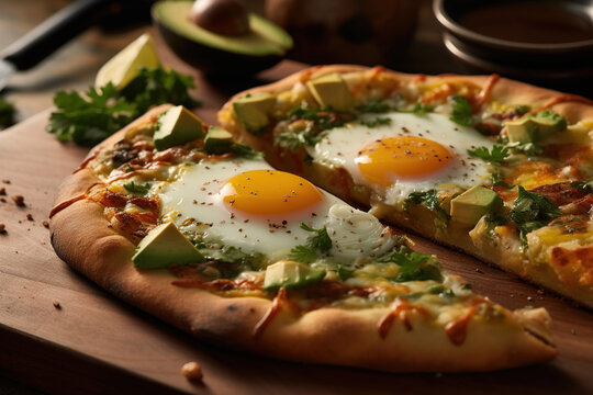 Breakfast pizza, close-up cut fresh pizza with egg and avocado on a wooden board