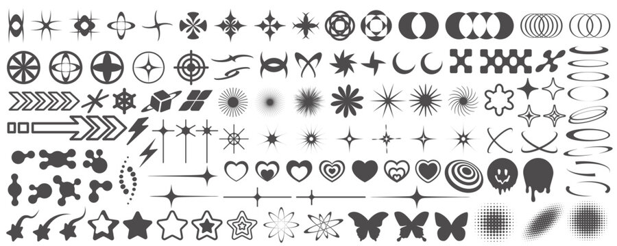 Y2k icons. Retro graphic elements for design. Modern rave symbols. Abstract geometric stars sparkles and futuristic shapes. Vector set of hearts, flowers and planets stickers.