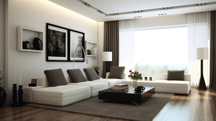 Fototapeta na wymiar Modern sleek design of living room. Generative AI