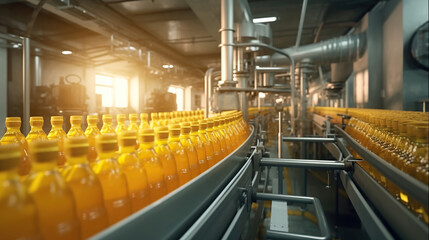 Beverage factory interior. Conveyor with bottles for juice or water. Modern equipments. Generative Ai