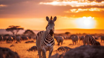 Fototapeta premium Zebra at sunset in the Serengeti National Park. Generative Ai