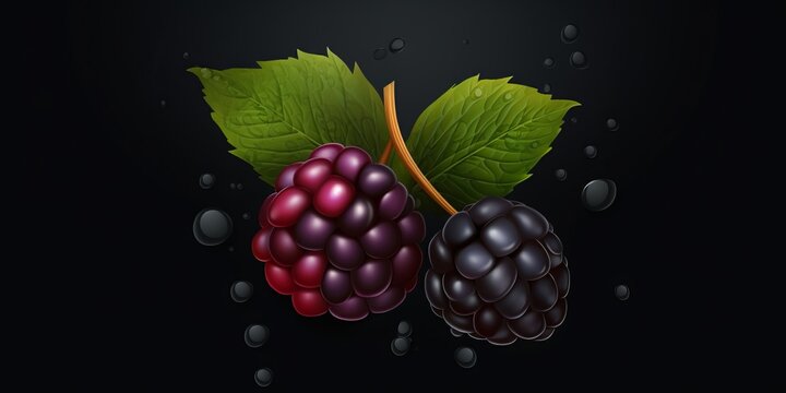 Fresh Organic Blackberry Berry On Dark Background, Horizontal Trendy Illustration. Healthy Vegetarian Diet. Ai Generated Bright Trendy Illustration with Delicious Juicy Blackberry Berry.