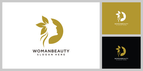 Beauty logo with woman in stylish circle and business card design template, flower, logo, woman, Premium Vector