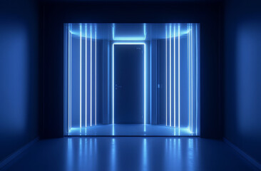 blank room with blue lights in the door, in the style of light indigo and light gray