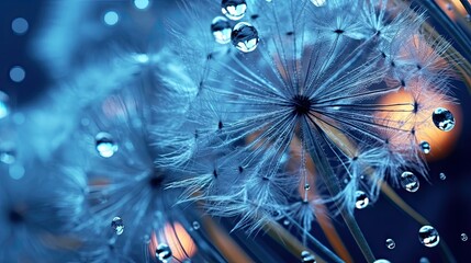 Beautiful abstract blue background on a mirror surface of the seeds of dandelion flowers