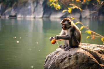 a monkey eating fruit by the river