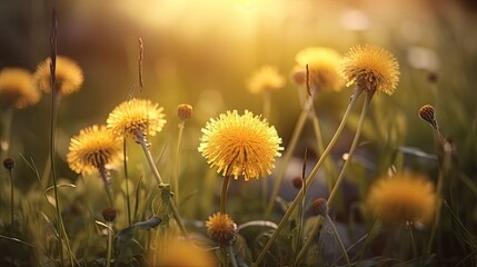 Beautiful flowers of yellow dandelions in nature in warm summer