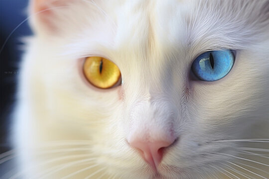 portrait of a white cat with different eye colors one blue eye the other yellow