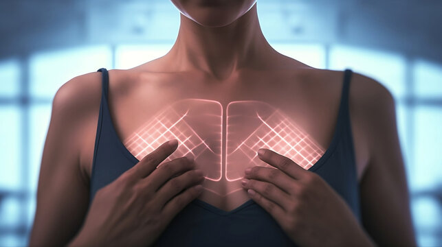 A woman examining her breasts for any changes or symptoms of breast cancer.