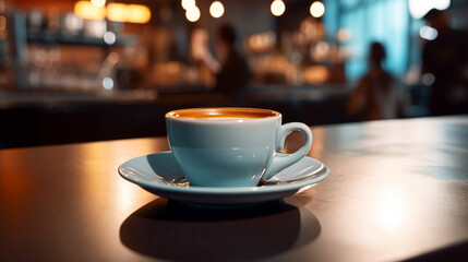 coffee cup on table, bar with coffee shop background in the morning mood collection of beverage, coffee theme