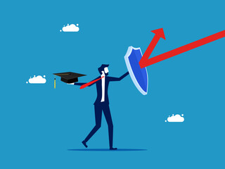 Protect learning. Businessman with shield protects graduation cap from arrow attack vector