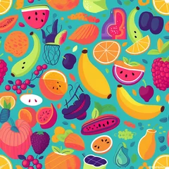 Rucksack Seamless Pattern with Cartoon Fruits in bright colors. © worldofpattern