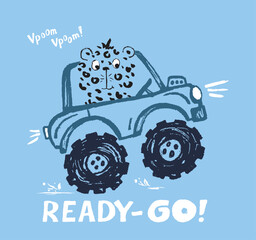 Cheetah monster, truck funny cool summer t-shirt print design. Racing car. Speed sport buggy