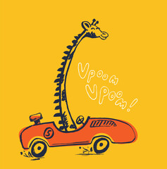 Giraffe racing car funny cool summer t-shirt print design. Race speed sports cabriolet auto. Slogan. Drive safari - 615309366