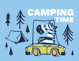 Zebra camping car funny cool summer t-shirt print design. Road trip on auto. Camp vacation animal - 615309393
