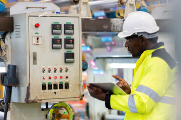 American male engineers in helmets and vests focus on circuit boards within the industrial plant, conducting close-up analyses using tablets for enhanced machine control.