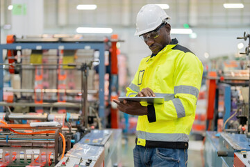 Safety is a top priority for the American male engineer at the industrial plant, where he dons a helmet and vest while utilizing a tablet to analyze and optimize the machine's operation.