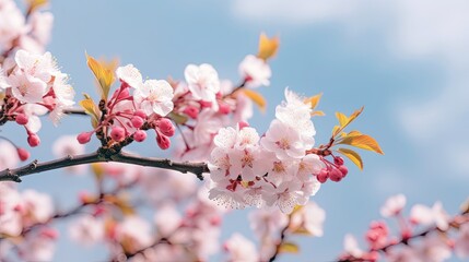 Branches of blossoming cherry macro with soft focus on gentle light blue sky background