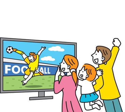 大画面テレビでサッカーを応援している元気な家族