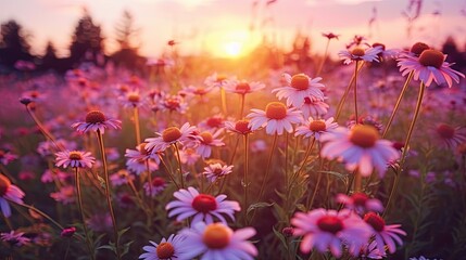 Fototapeta na wymiar Many flowers meadow daisies in field in nature in evening at sunset
