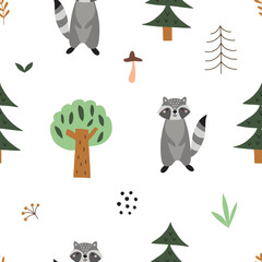 Seamless pattern with funny cute raccoon. Vector illustration of a little raccoon with forest elements for nursery and textile decoration