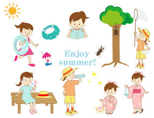 夏の遊びを楽しむ女の子のセット