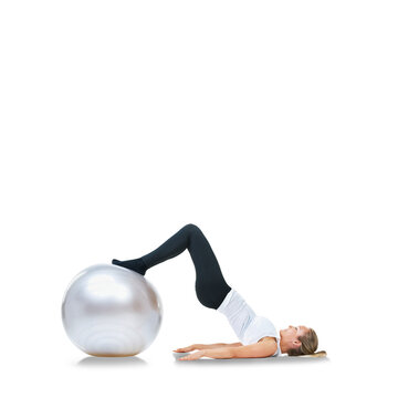 Woman, exercise ball and butt workout with hip thrust and fitness training with balance. Female person, health equipment and isolated on a transparent, png background with leg muscle and wellness