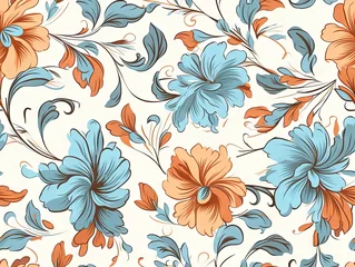 Fotobehang Floral pattern with orange and blue flowers on a white background with swirls and leaves on background. © Lidok_L