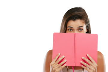 Isolated woman, hide face and book with reading, secret or studying by transparent png background. Girl, student and literature for analysis, learning or education with deal, cover mouth and portrait