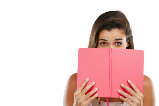 Isolated woman, hide face and book with reading, secret or studying by transparent png background. Girl, student and literature for analysis, learning or education with deal, cover mouth and portrait
