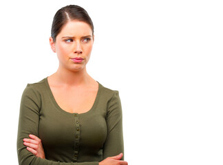 Suspicious, woman thinking with her arms crossed and isolated against a transparent png background....