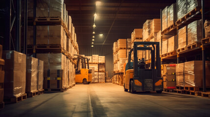 Fototapeta premium Forklift for moving items in a commercial warehouse. Generative AI