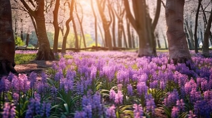 Spring glade in forest with flowering pink and purple