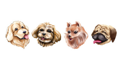 Set of watercolor portraits golden retriever, havanese, pomeranian and pug isolated on white background.