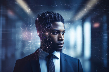 African American Businessman Analyzing Data In Head Holographic Technology Mapping of the Mind Learning Futuristic Generative AI 