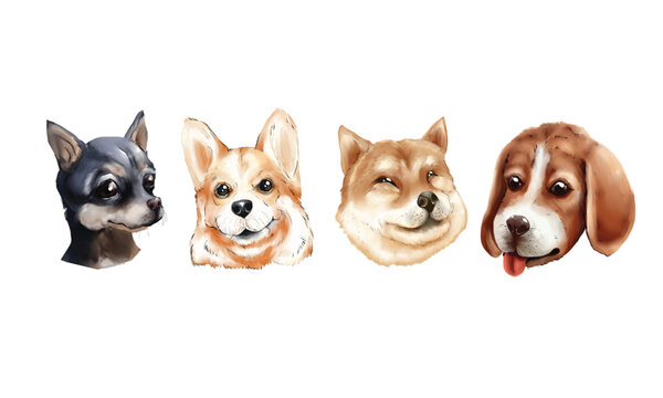 Set of watercolor portraits  Chihuahua, corgi, shiba and beagle isolated on white background.